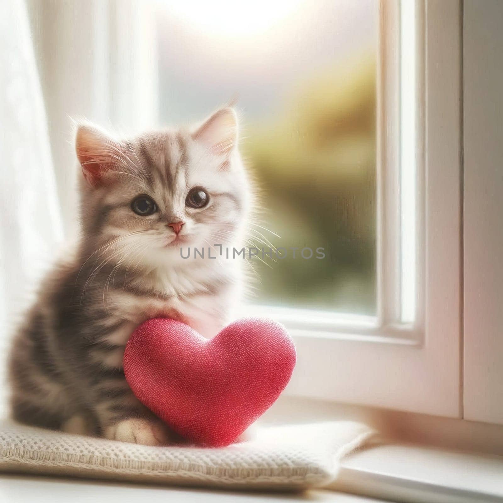 Tabby kitten with red heart. Created using AI Generated technology and image editing software.,Tabby kitten with red heart. Created using AI Generated technology and image editing software.