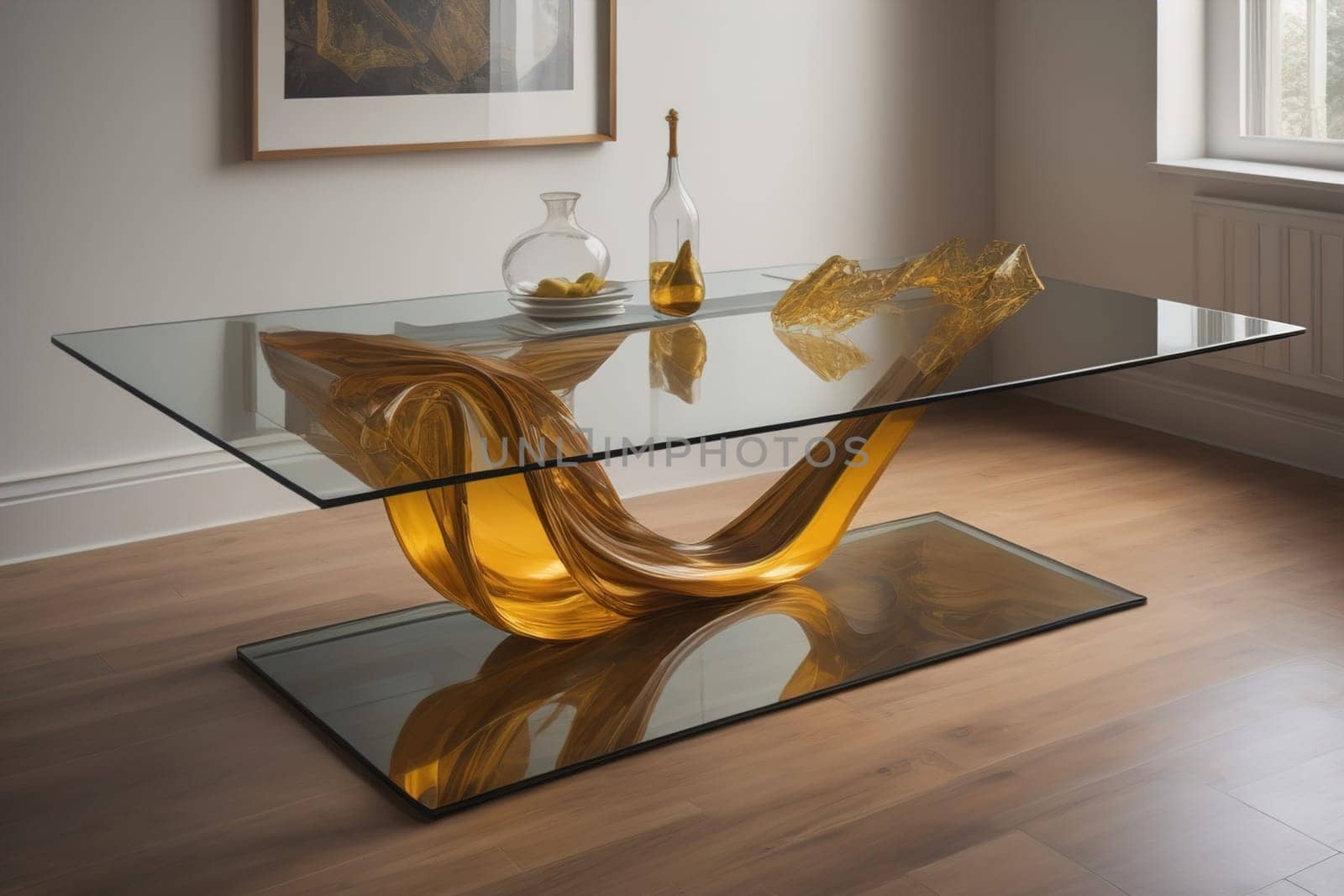 a glass table in a room. ai generative