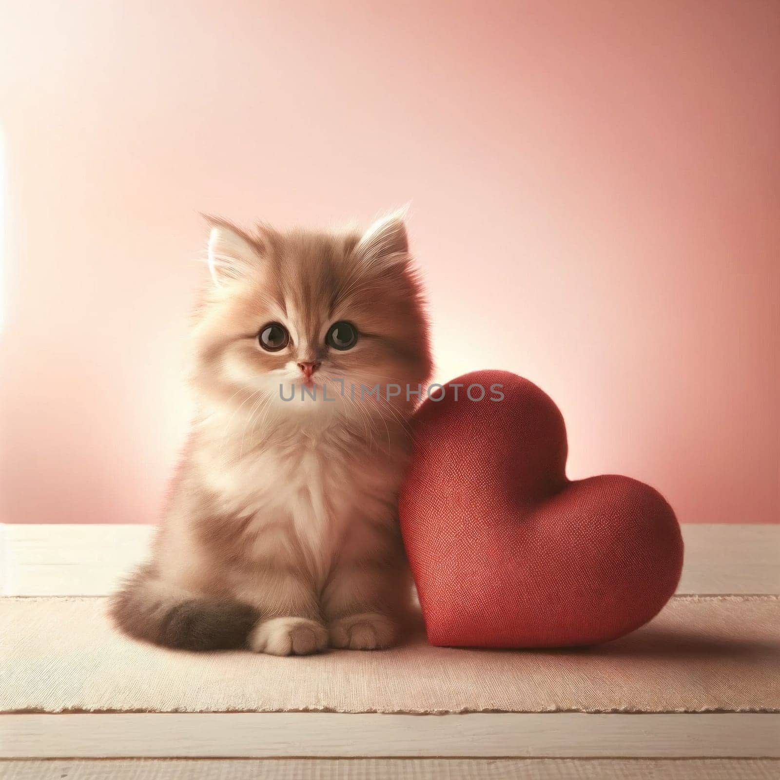 Fluffy kitten beside red heart. Created using AI Generated technology and image editing software.,Fluffy kitten beside red heart. Created using AI Generated technology and image editing software.