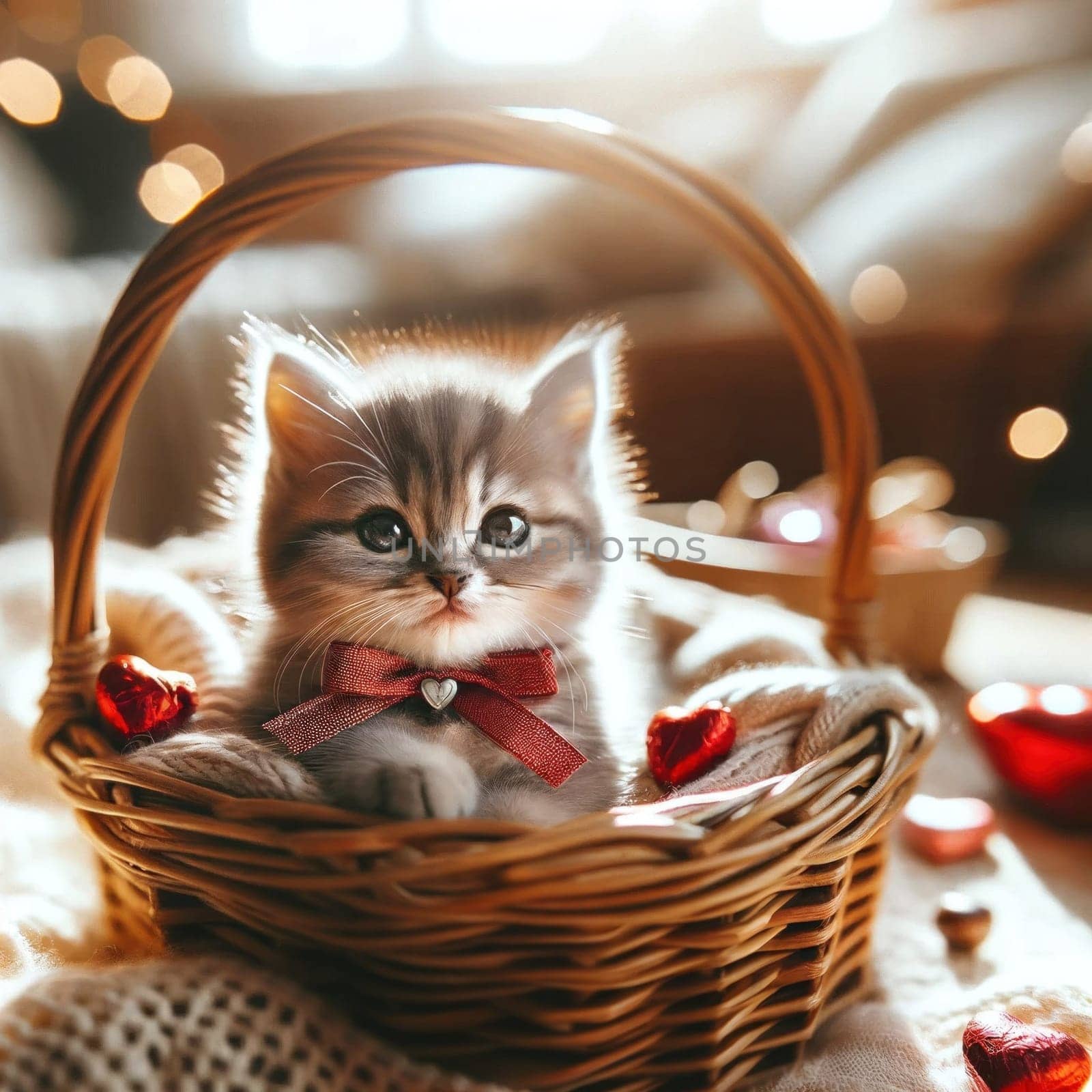 Kitten in basket with burgundy bow. Created using AI Generated technology and image editing software.,Kitten in basket with burgundy bow. Created using AI Generated technology and image editing software.
