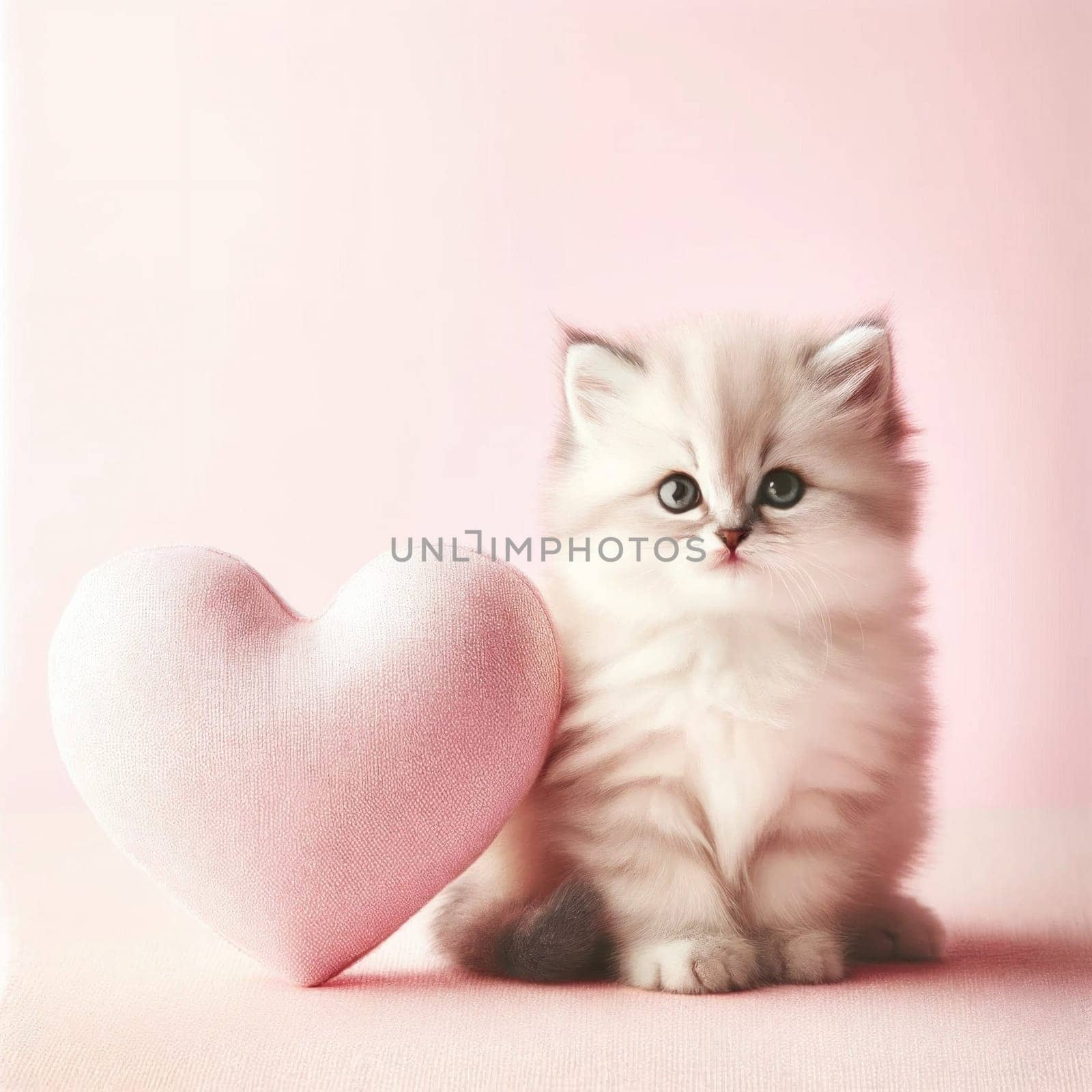 Fluffy kitten and pink heart. Created using AI Generated technology and image editing software.,Fluffy kitten and pink heart. Created using AI Generated technology and image editing software.