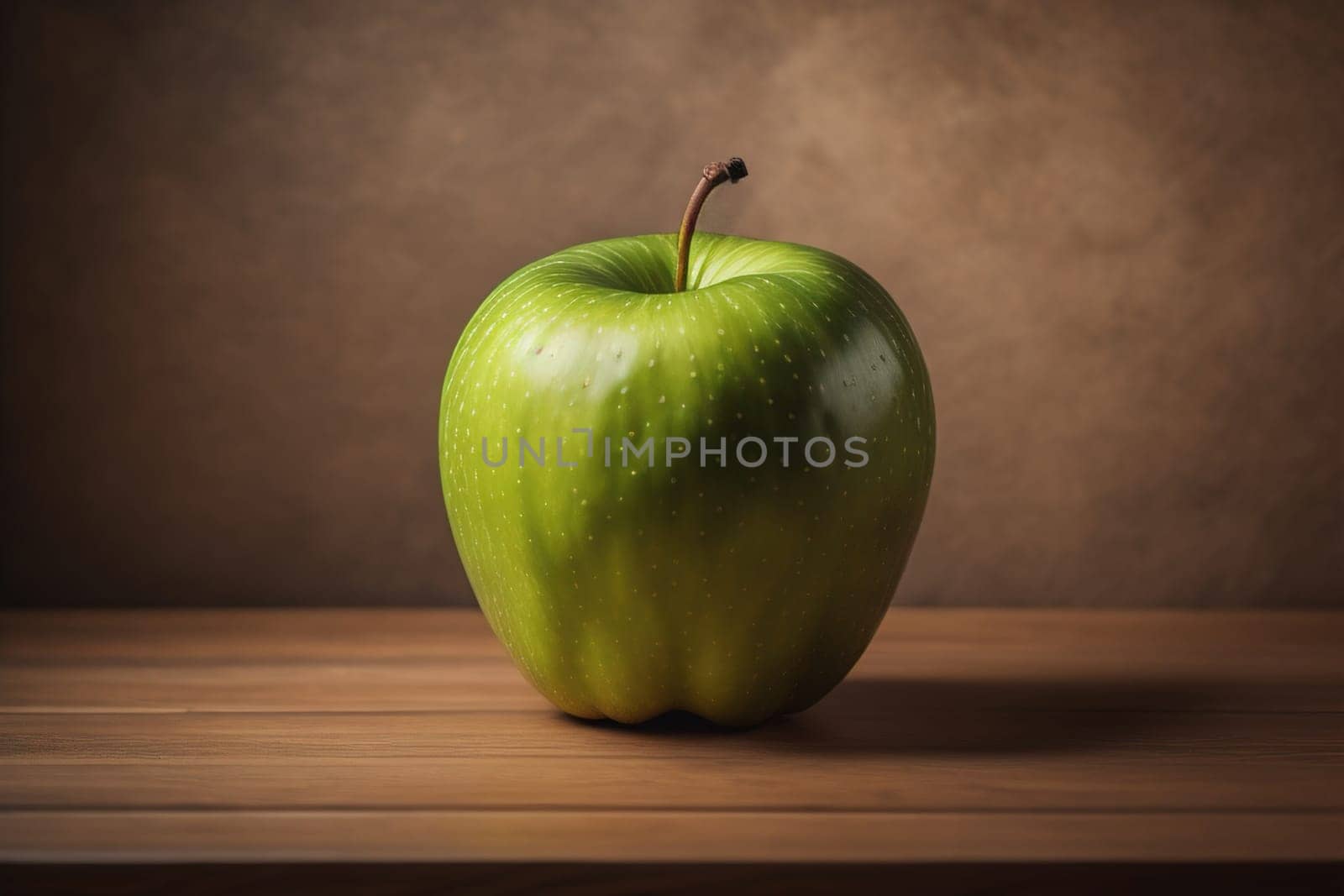 Green apple on a wooden table with dark background, shallow depth of field. The concept of healthy eating. ai generative