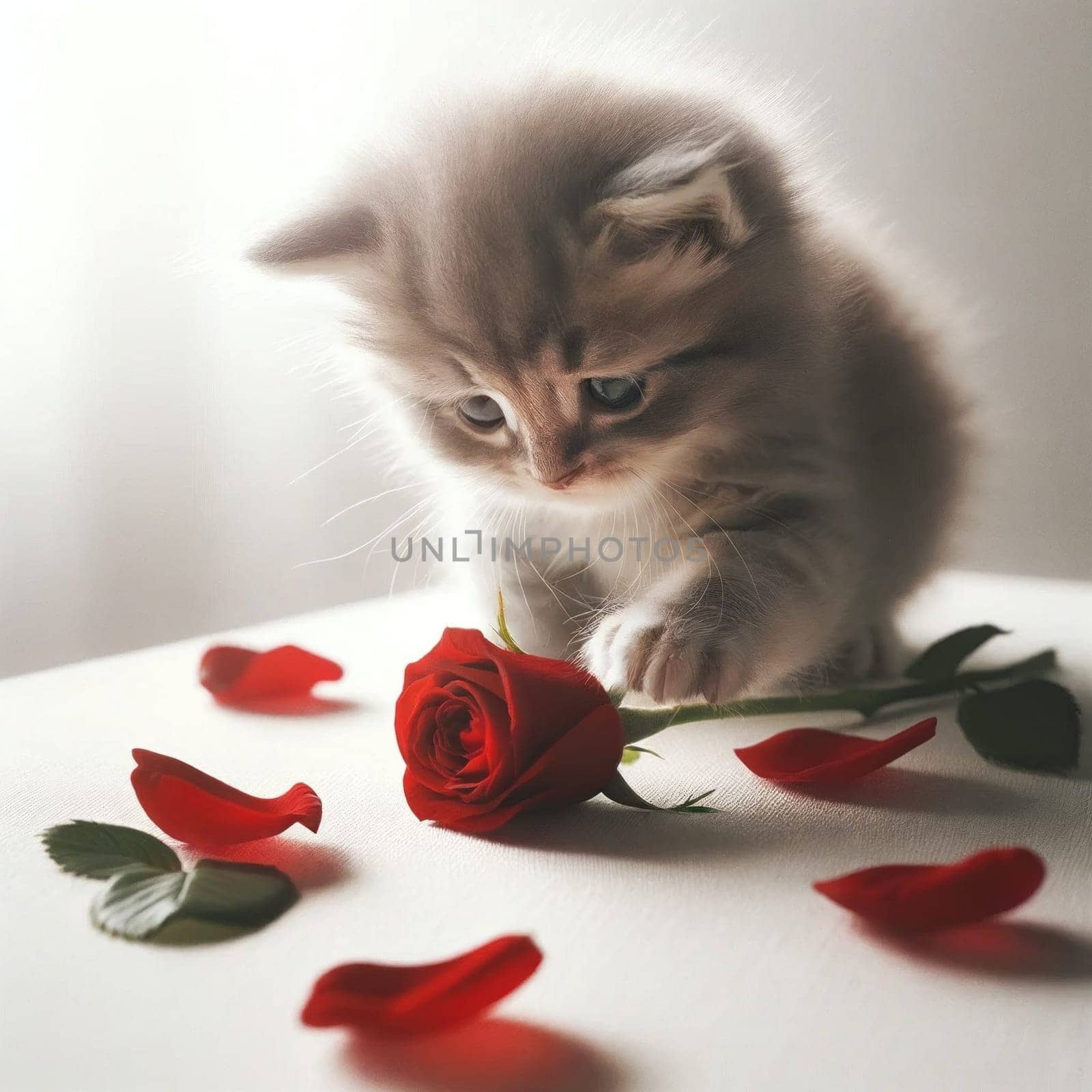 Curious kitten sniffs rose. Created using AI Generated technology and image editing software.,Curious kitten sniffs rose. Created using AI Generated technology and image editing software.