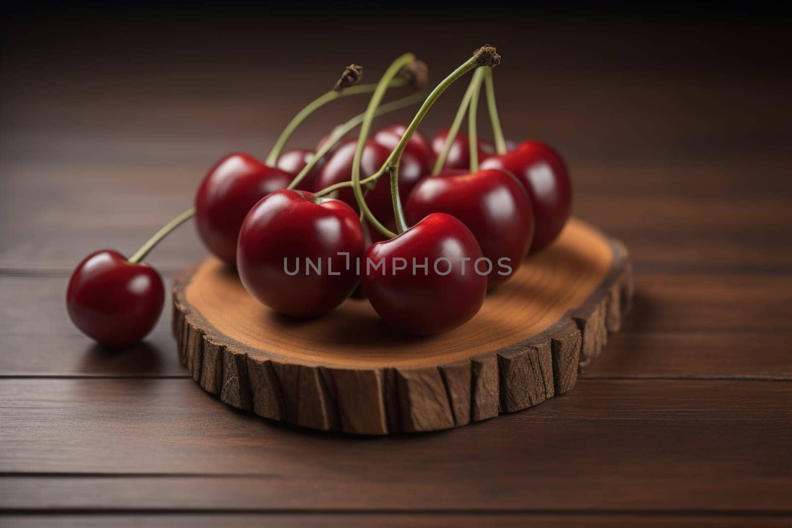 Red cherries on a wooden background. Close up. Selective focus. ai generative
