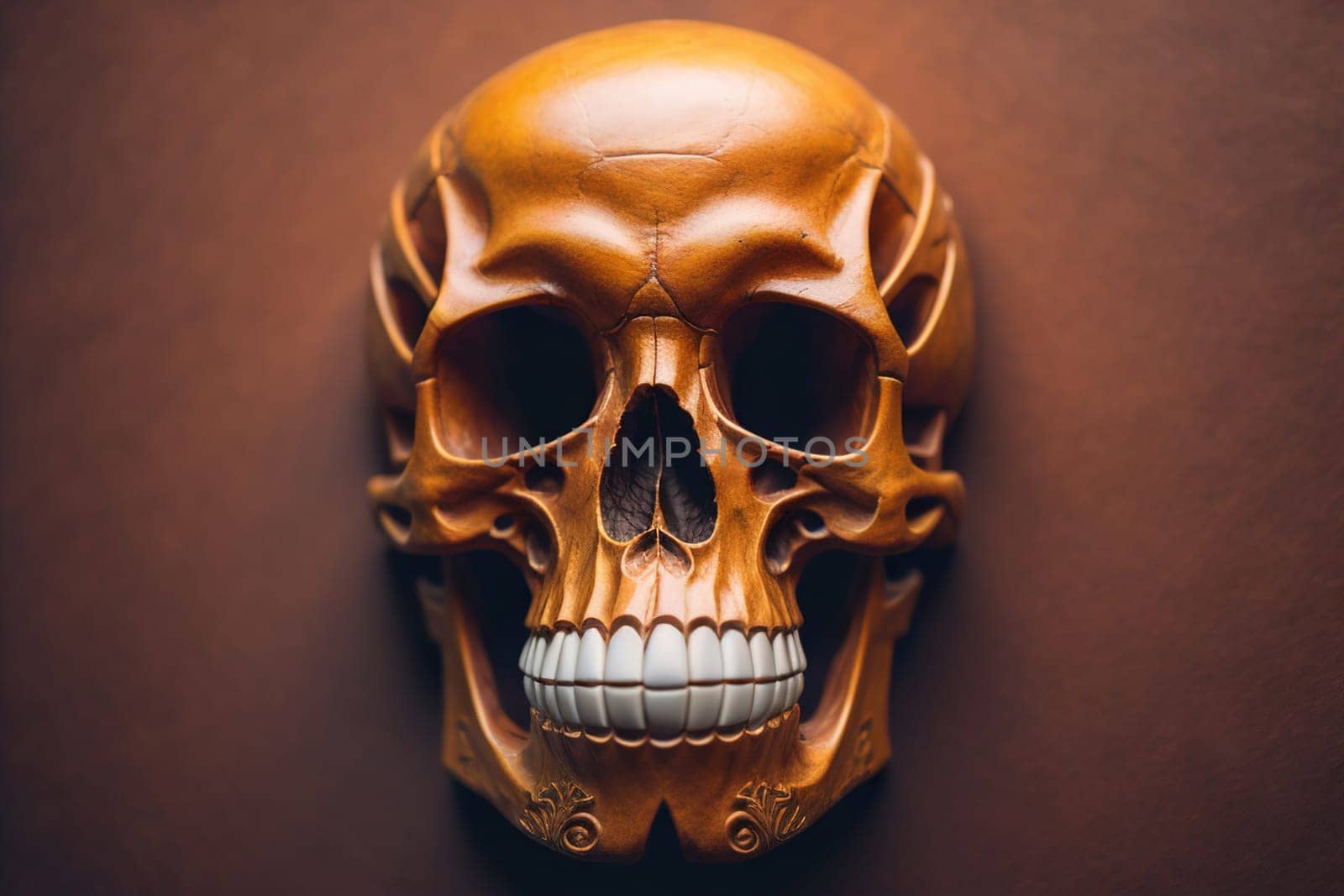 human skull on solid color background. Halloween concept. Close up. ai generative