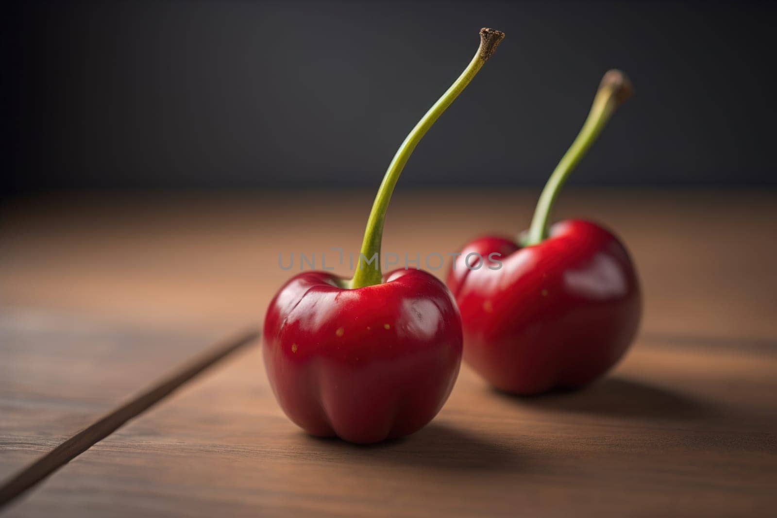 Red cherries on a wooden background. Close up. Selective focus. ai generative