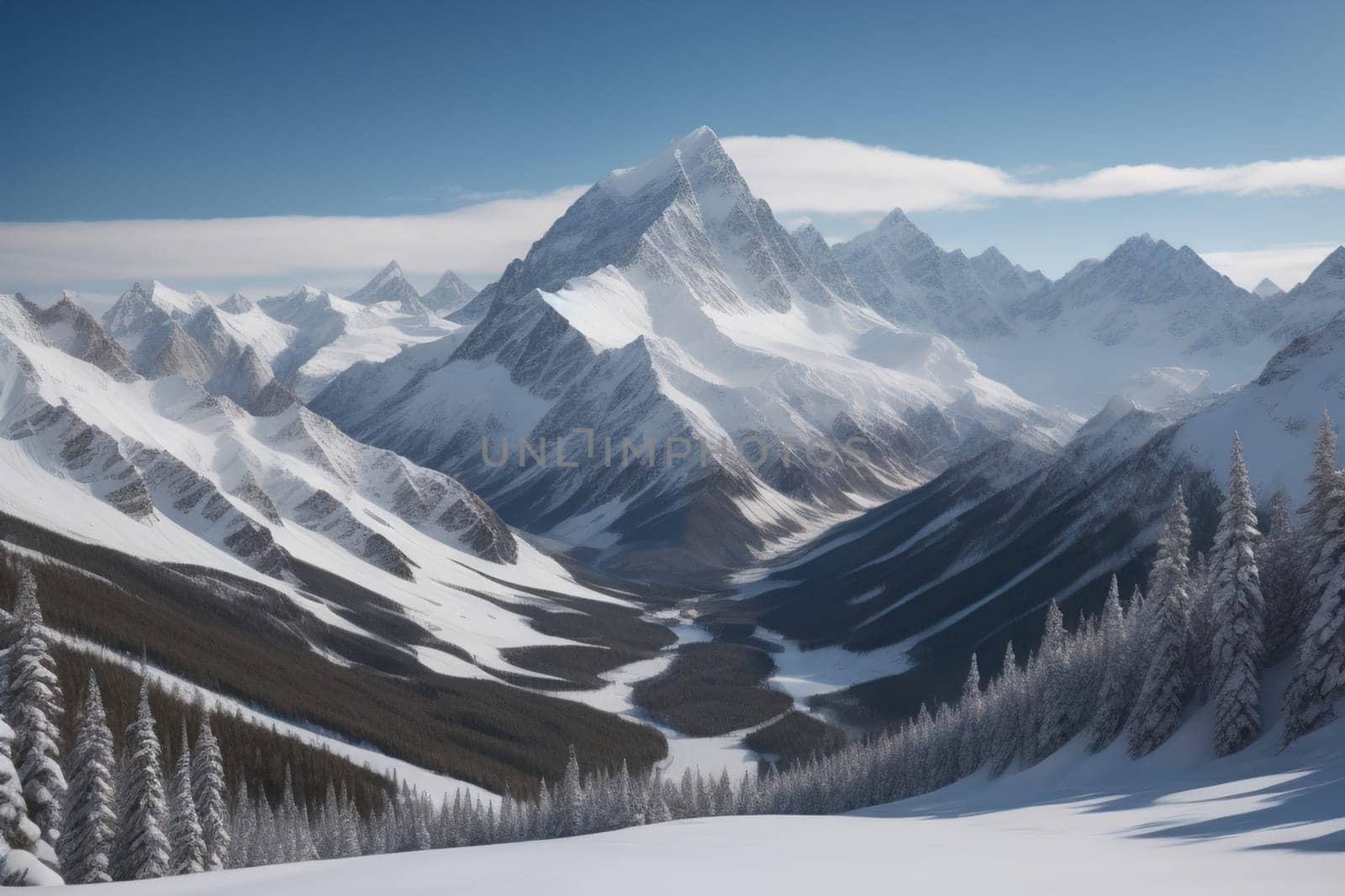 Mountains and snow-capped peaks of the Caucasus Mountains. ai generative