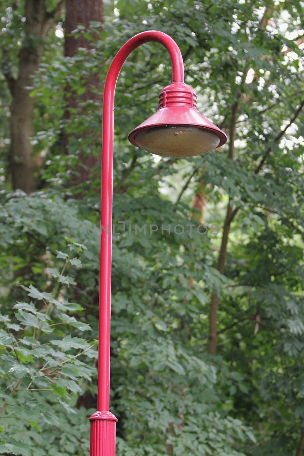 a red street lamp stands in front of a vegetated background