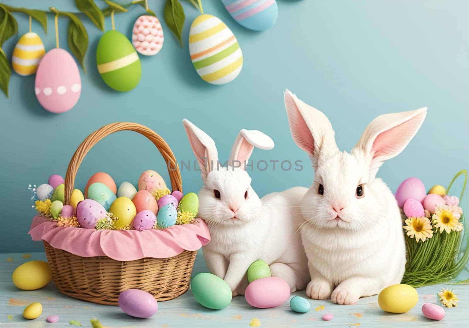 Easter bunny with colorful eggs in nest. ai generative