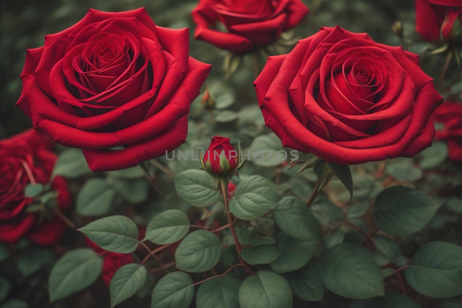 Red roses background. Top view of beautiful red roses with green leaves. ai generative