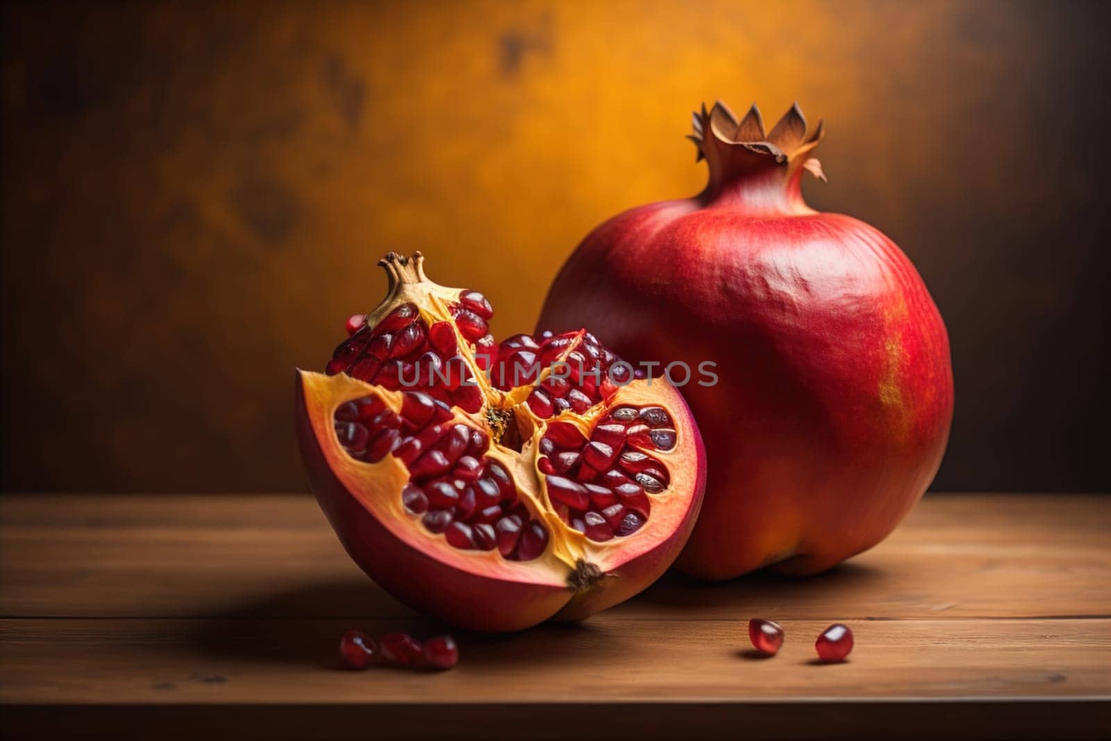 Ripe pomegranate fruit on a wooden background. Still life. ai generative