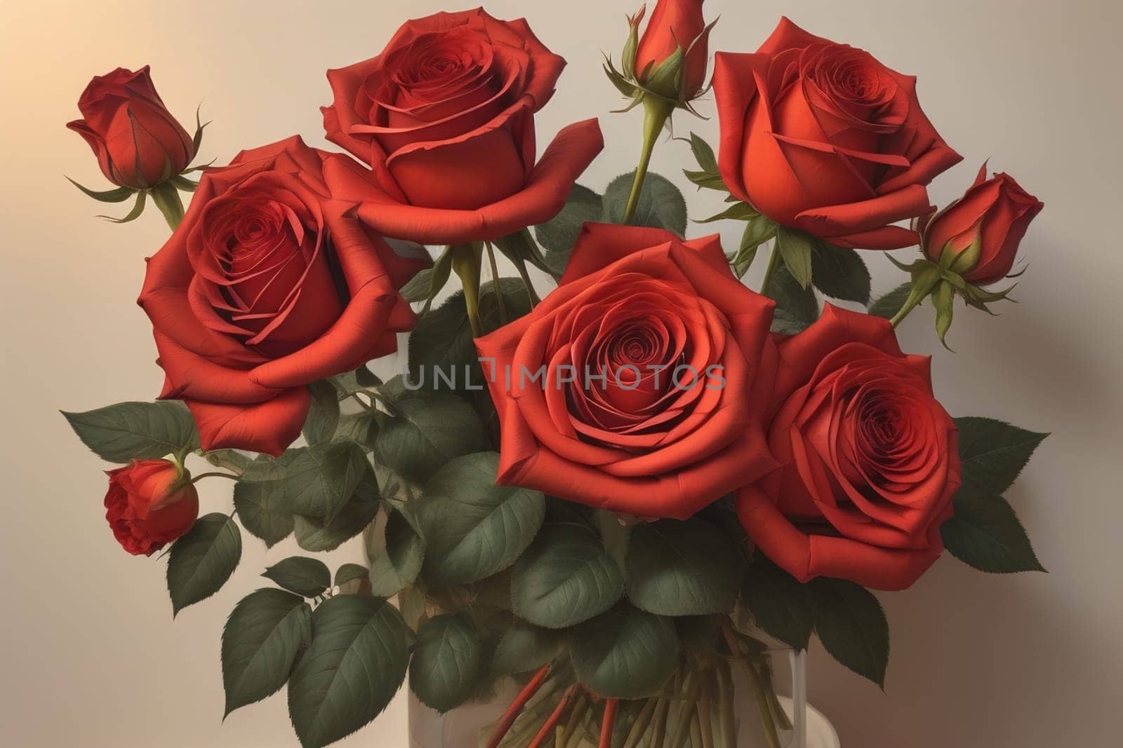 Red roses background. Top view of beautiful red roses with green leaves. ai generative