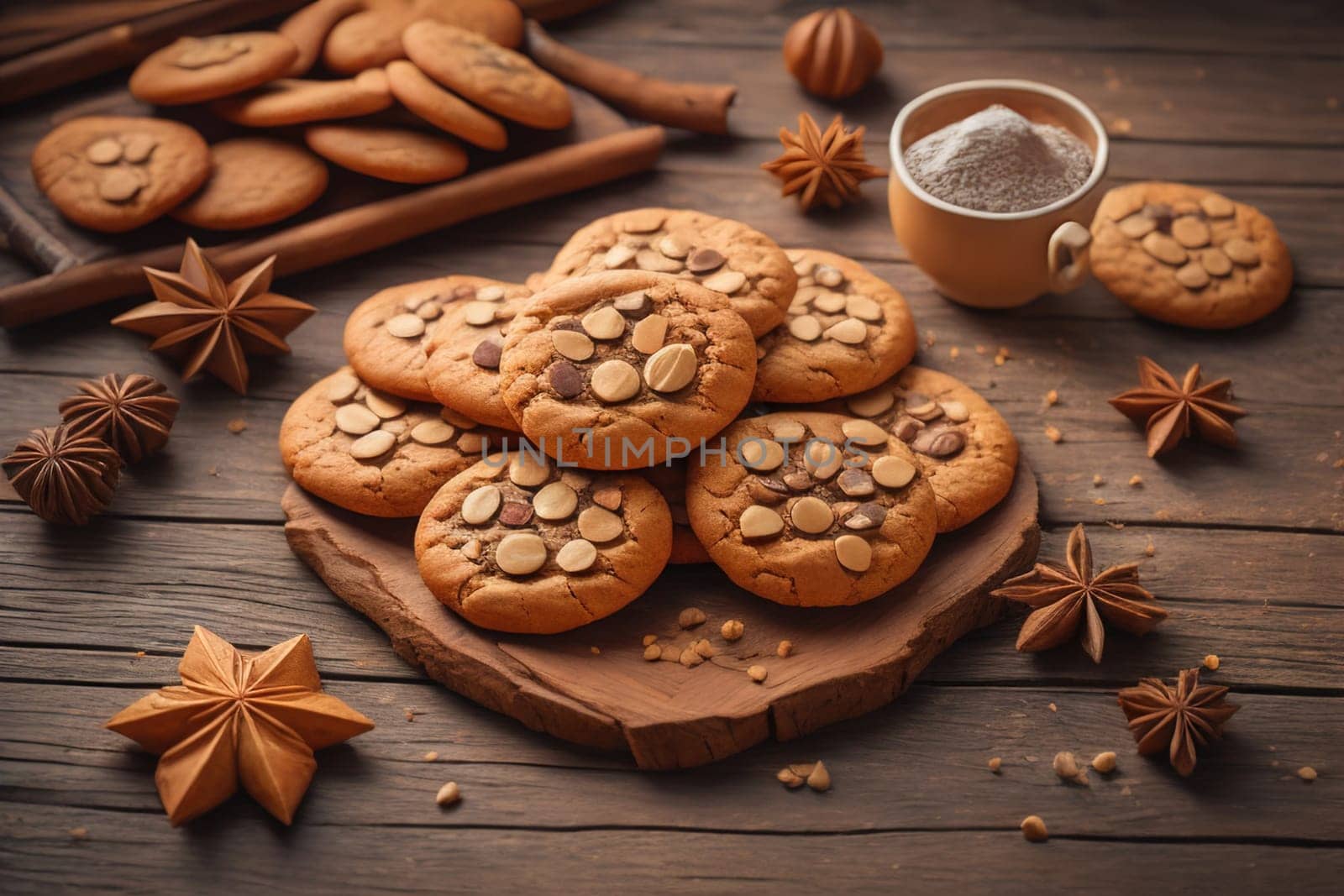 Cookies on a wooden table. Top view. ai generative