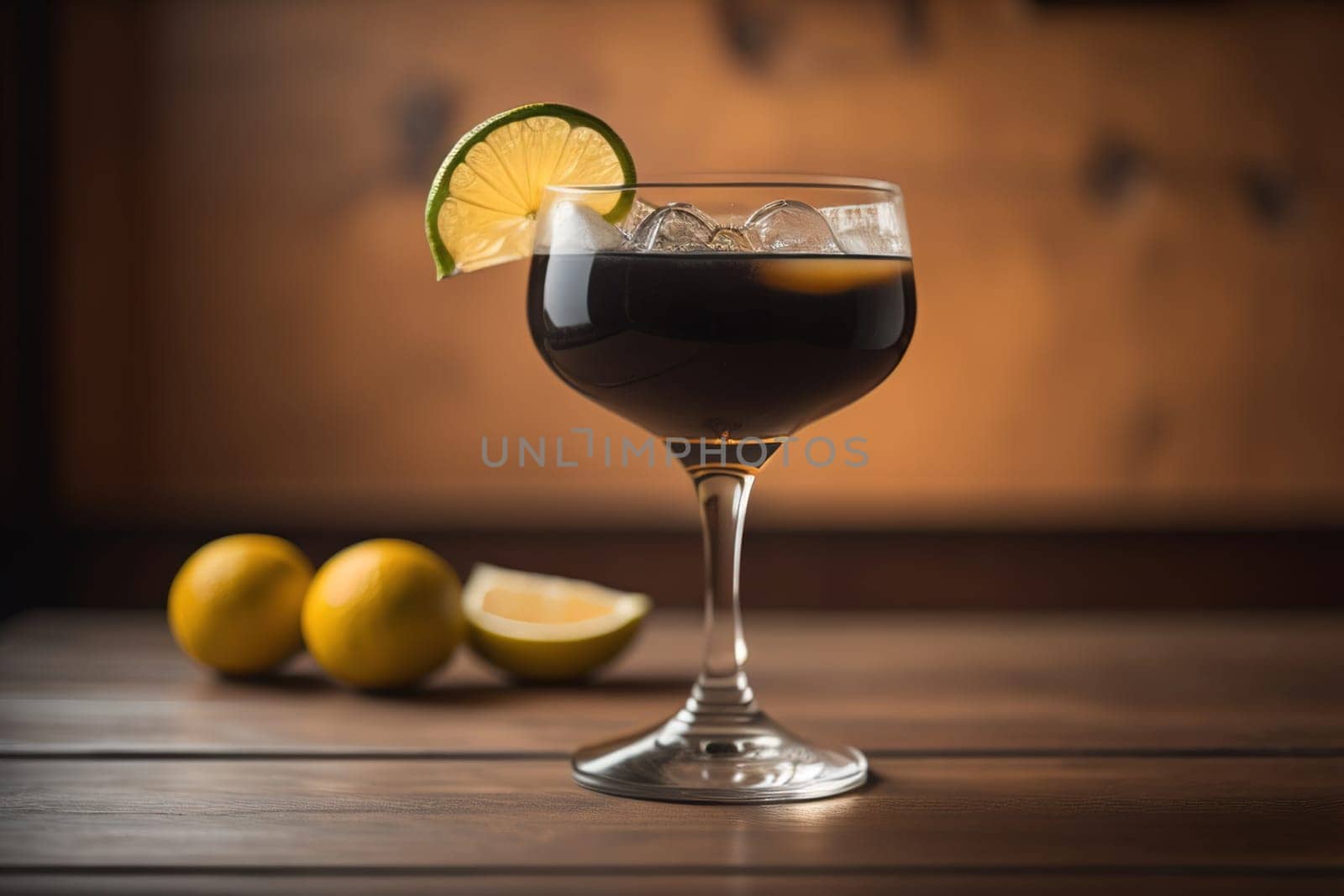 Alcohol cocktail drink on the table in bar. Toned image. ai generative