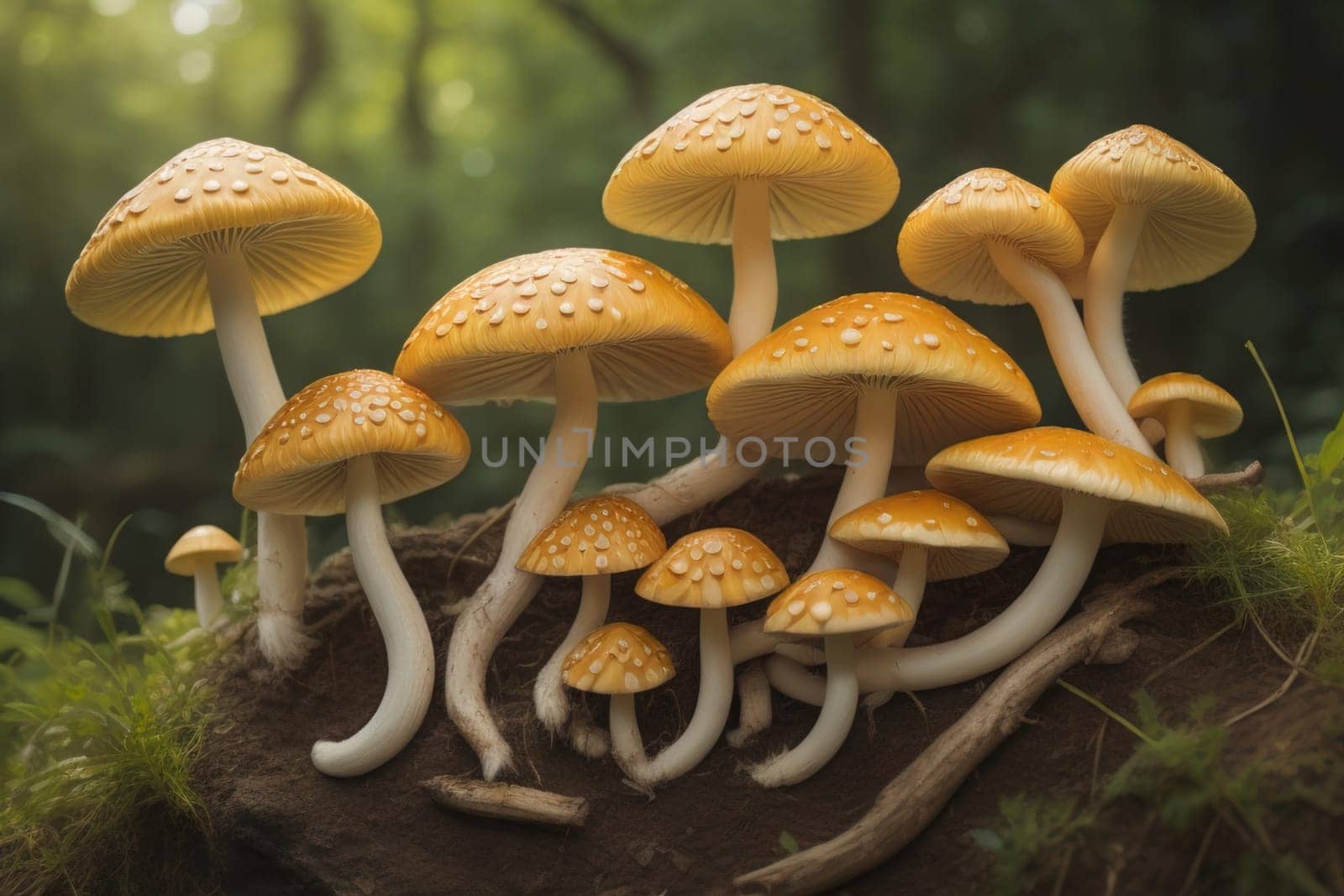 Mushrooms on a solid color background with green moss and water drops. generative ai