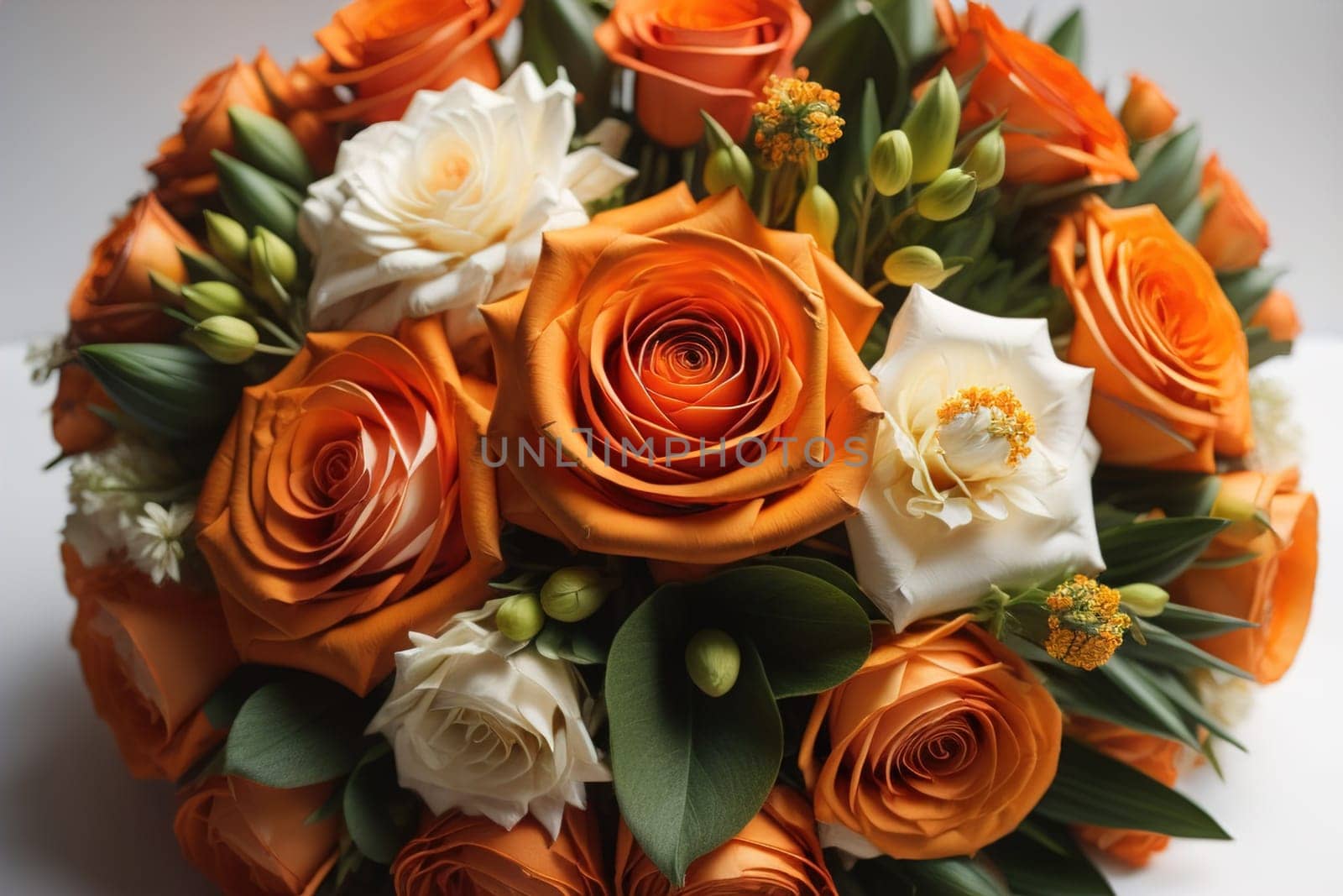 wedding bouquet of different colors on a solid color background. ai generative