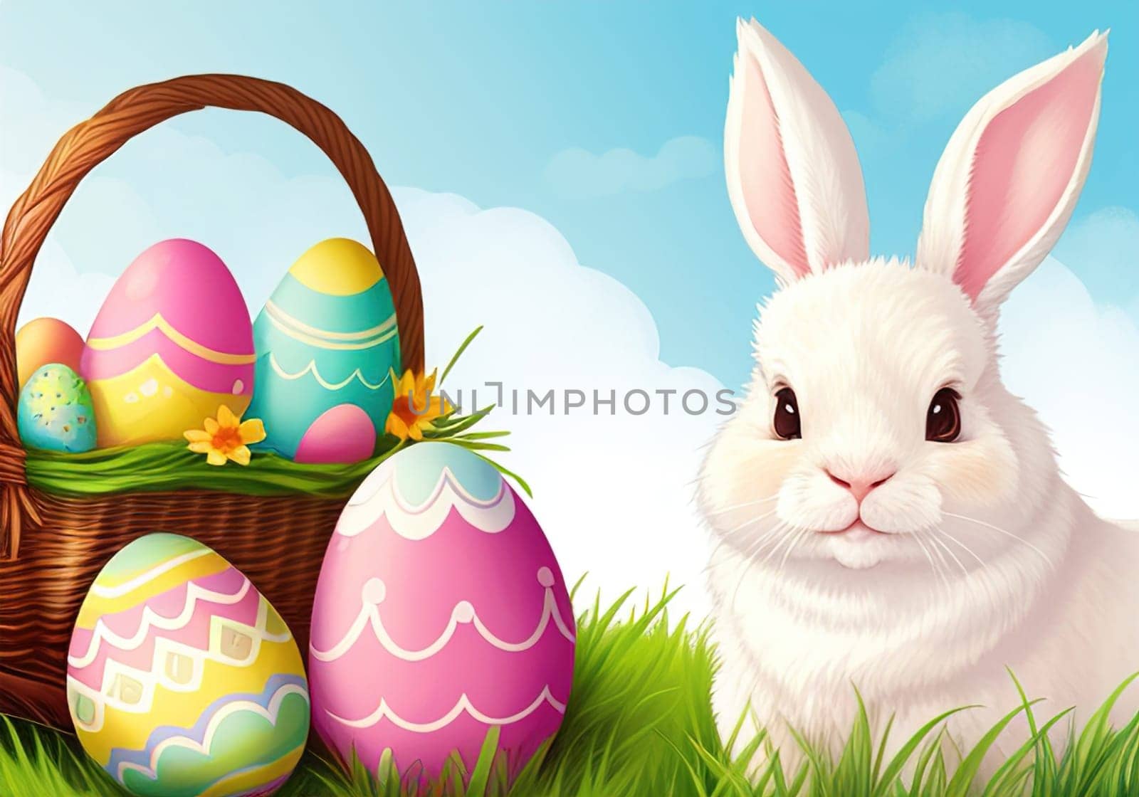 Easter bunny with colorful eggs in nest. ai generative