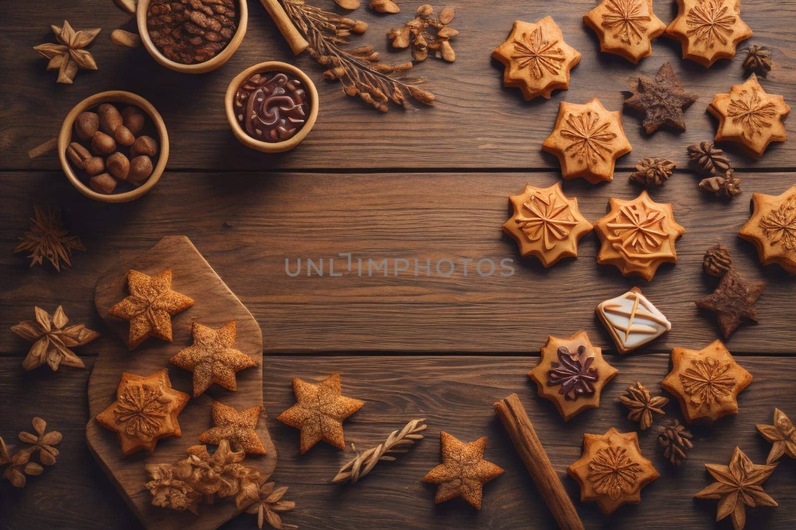 Cookies on a wooden table. Top view. ai generative