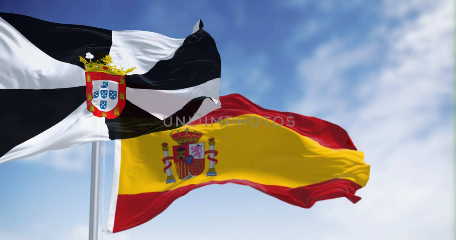 Ceuta and spanish national flags waving on a clear day. Spanish autonomous city. Black and white gyronny with central municipal coat of arms. 3d illustration render. Rippling fabric