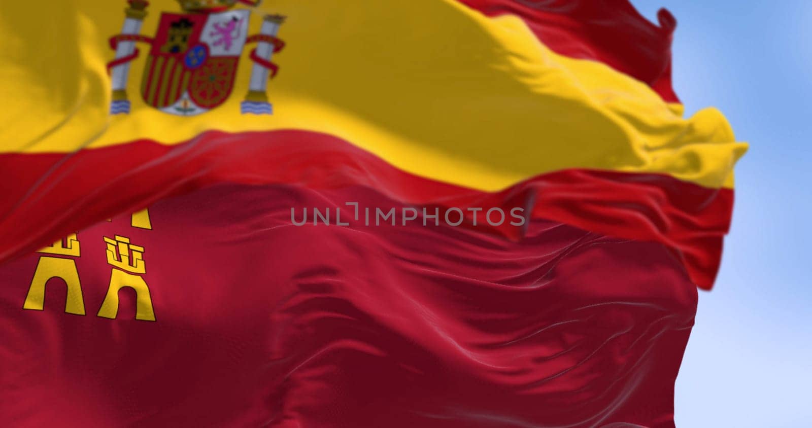 Close-up of Murcia flag waving with national spanish flag. Autonomous community of Spain. 3d illustration render. Selective focus. Close-up. Fluttering fabric