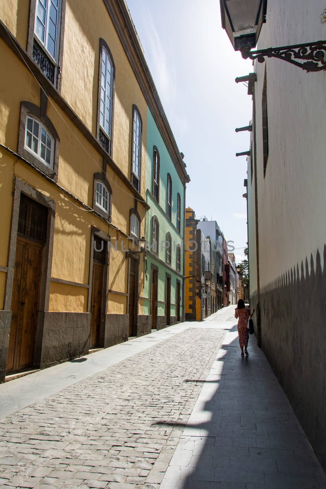 Narrow street with old houses in the historic old town of Las Palmas on the Canary Island of Gran Canaria, Spain, Europe