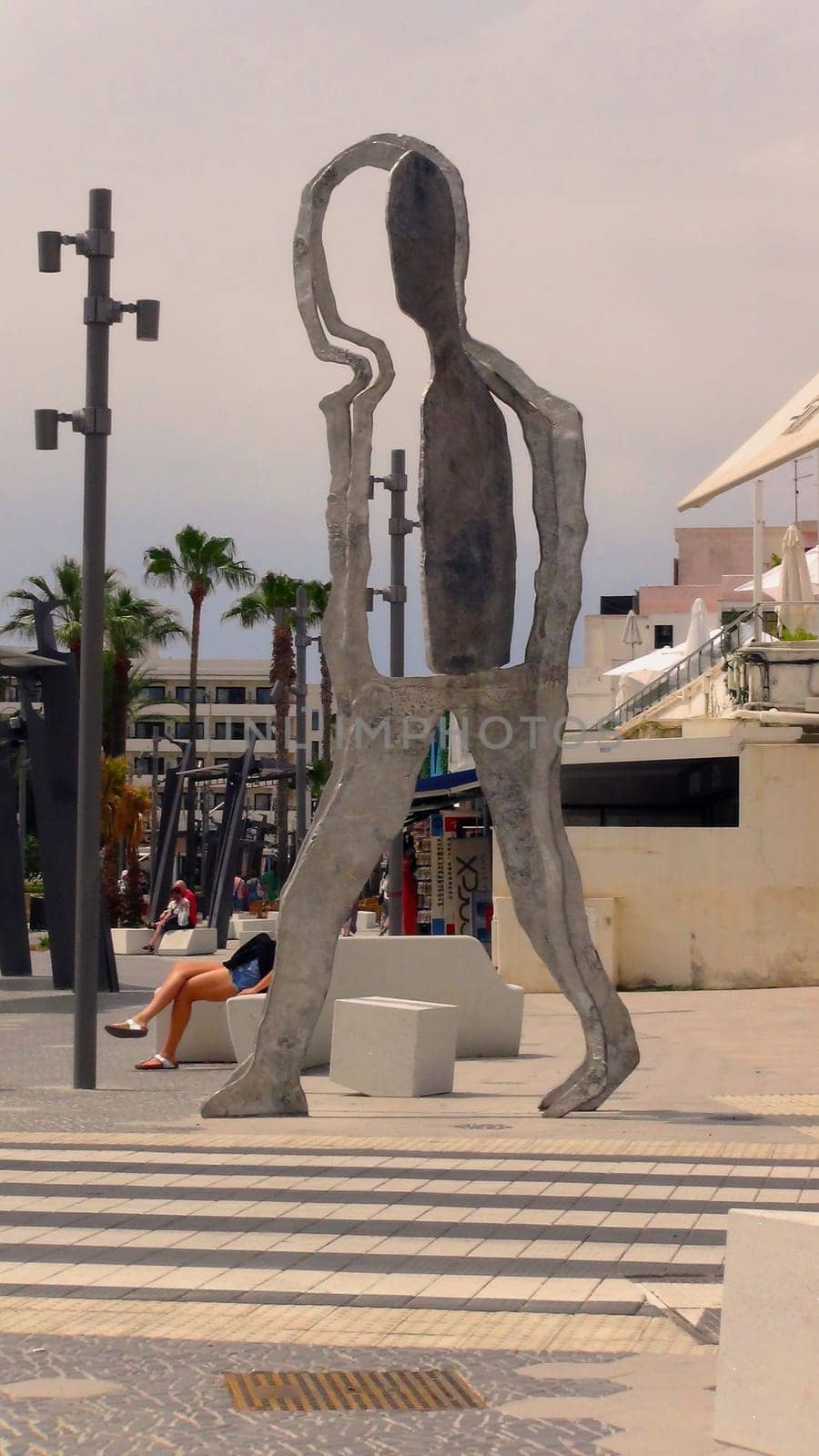 Cala Millor, Mallorca, Spain, May 24, 2023. A metallic sculpture in the main shopping area in the popular vacation and seaside resort of Cala Millor. Mediterranean Sea. Balearic Islands.