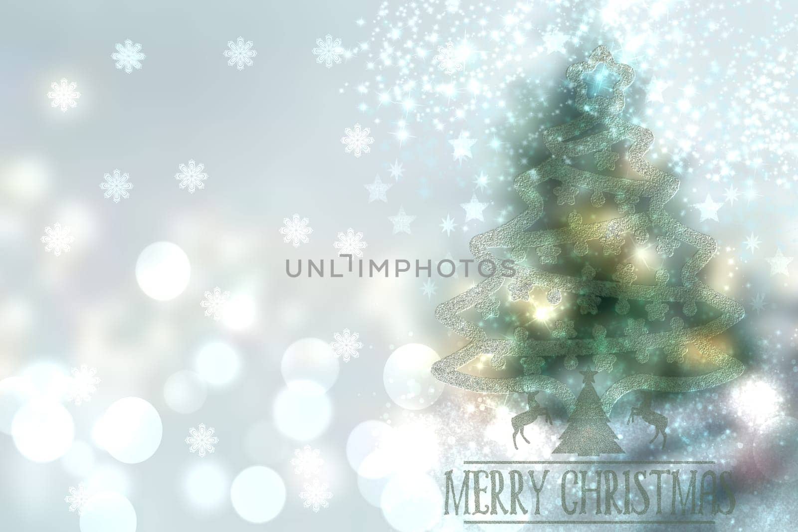 Abstract festive elegant green yellow white glittering greeting card with christmas trees, stars and a bokeh lighted Merry Christmas and New Year text. Beautiful backdrop with space.