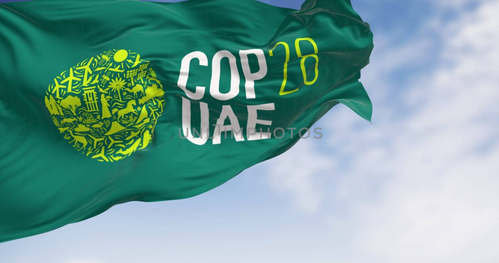 Dubai, UAE, Nov. 30 2023: Close-up of COP28 flag waving on a clear day. Illustrative editorial 3d illustration render.