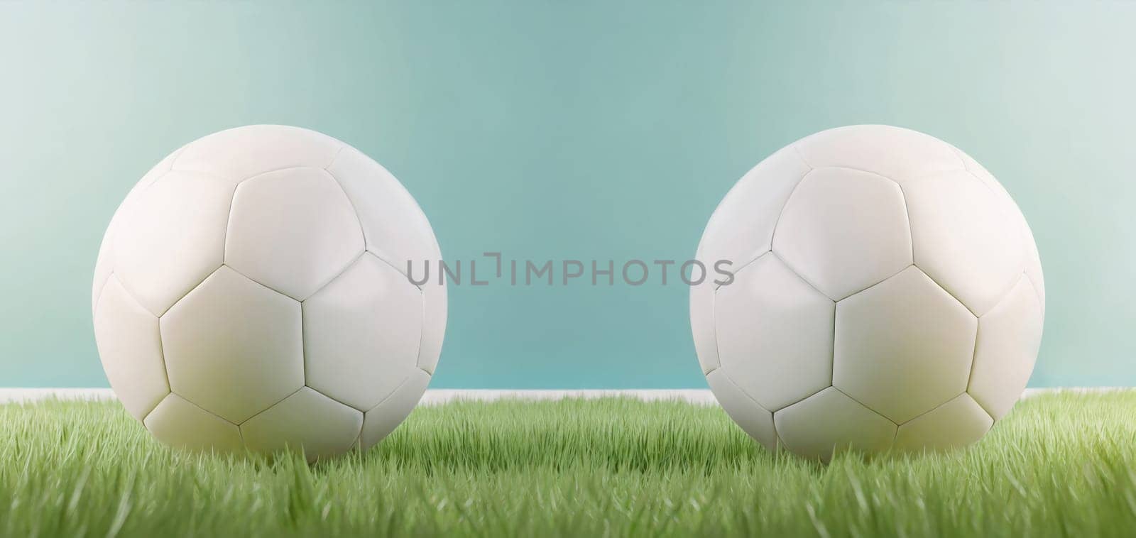 Two white football balls placed against each other on the green grass. Soccer scoreline symbols with copy space for match announcements. Tournament rivalry
