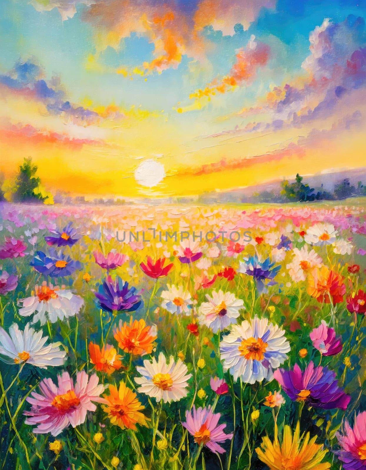 Spring meadow with colorful flowers blooming in the vibrant sunset light