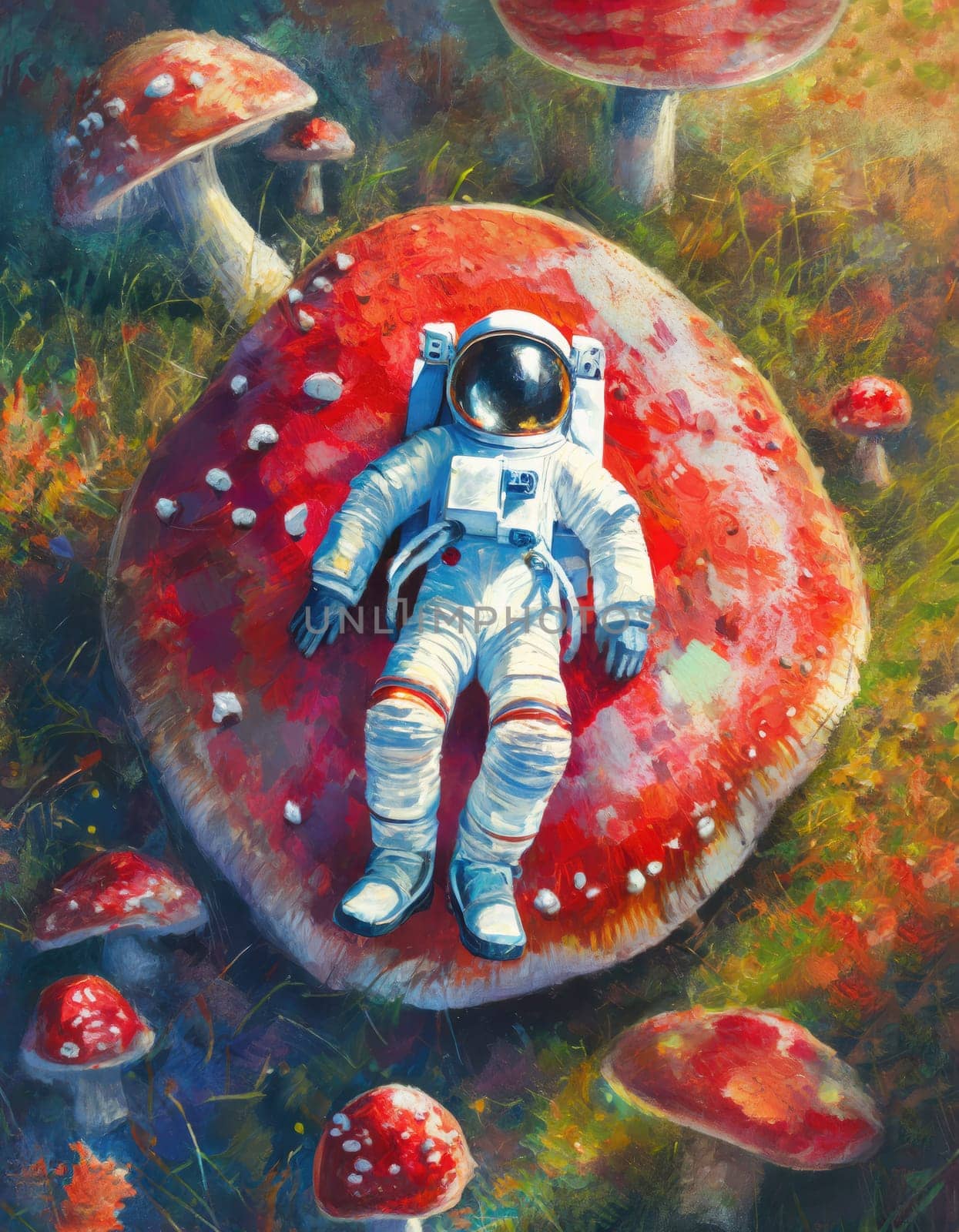 Astronaut lay down on big red mushroom on another planet in space, among a field with colorful fungi