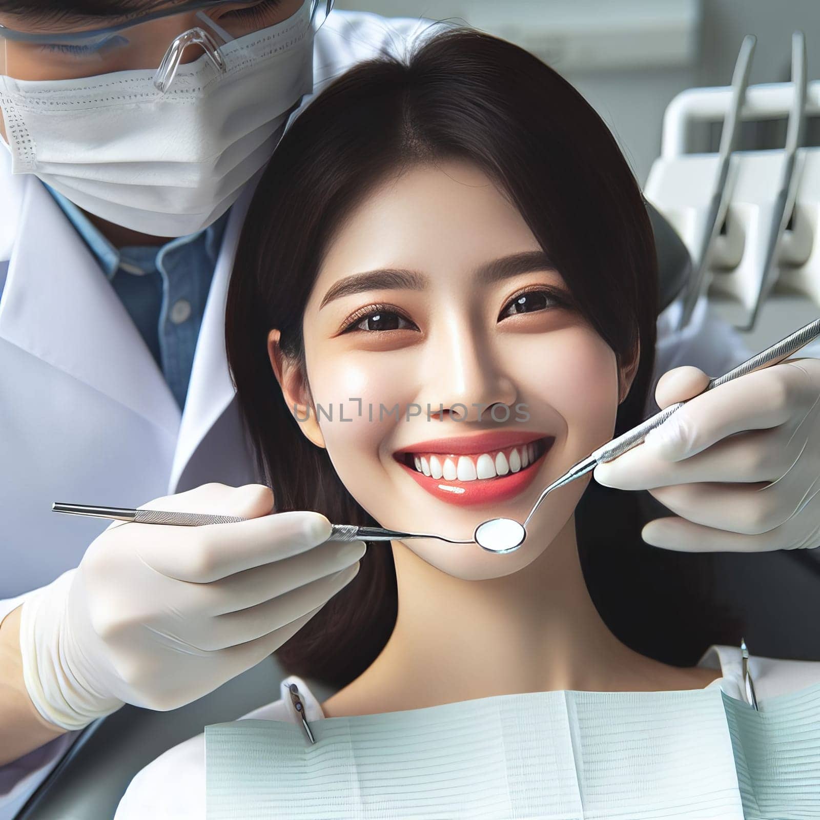 A dentist in a dental clinic holds instruments in his hands. The girl smiles