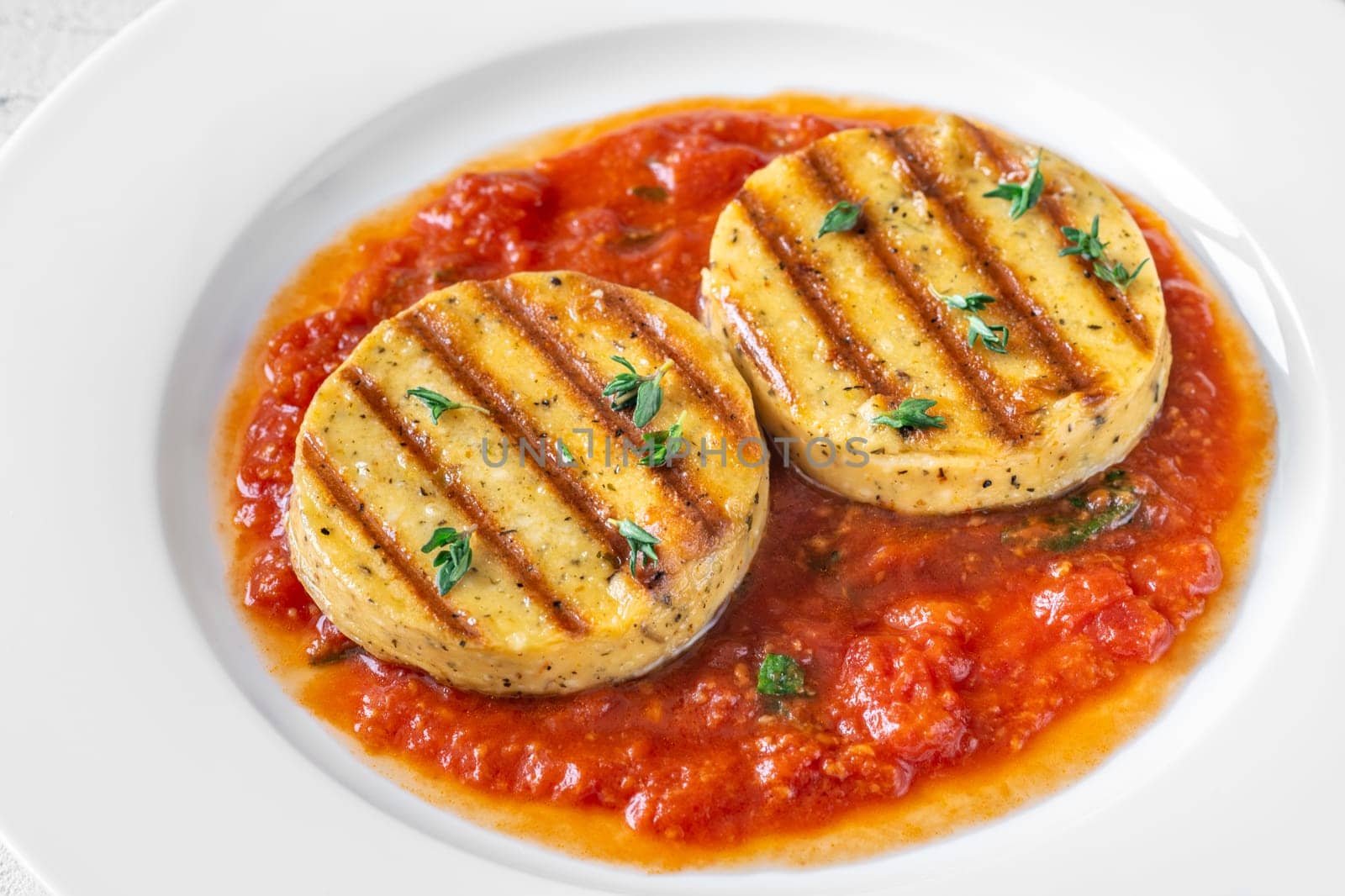 Portion of grilled cheese with tomato basil sauce