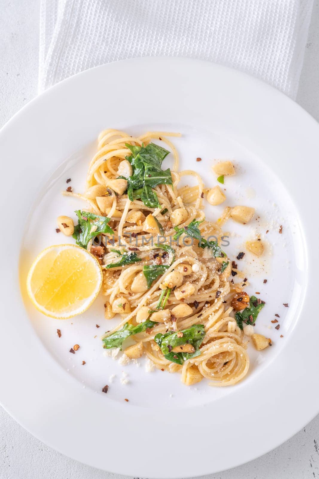 Lemon pasta with almonds, arugula and brown butter