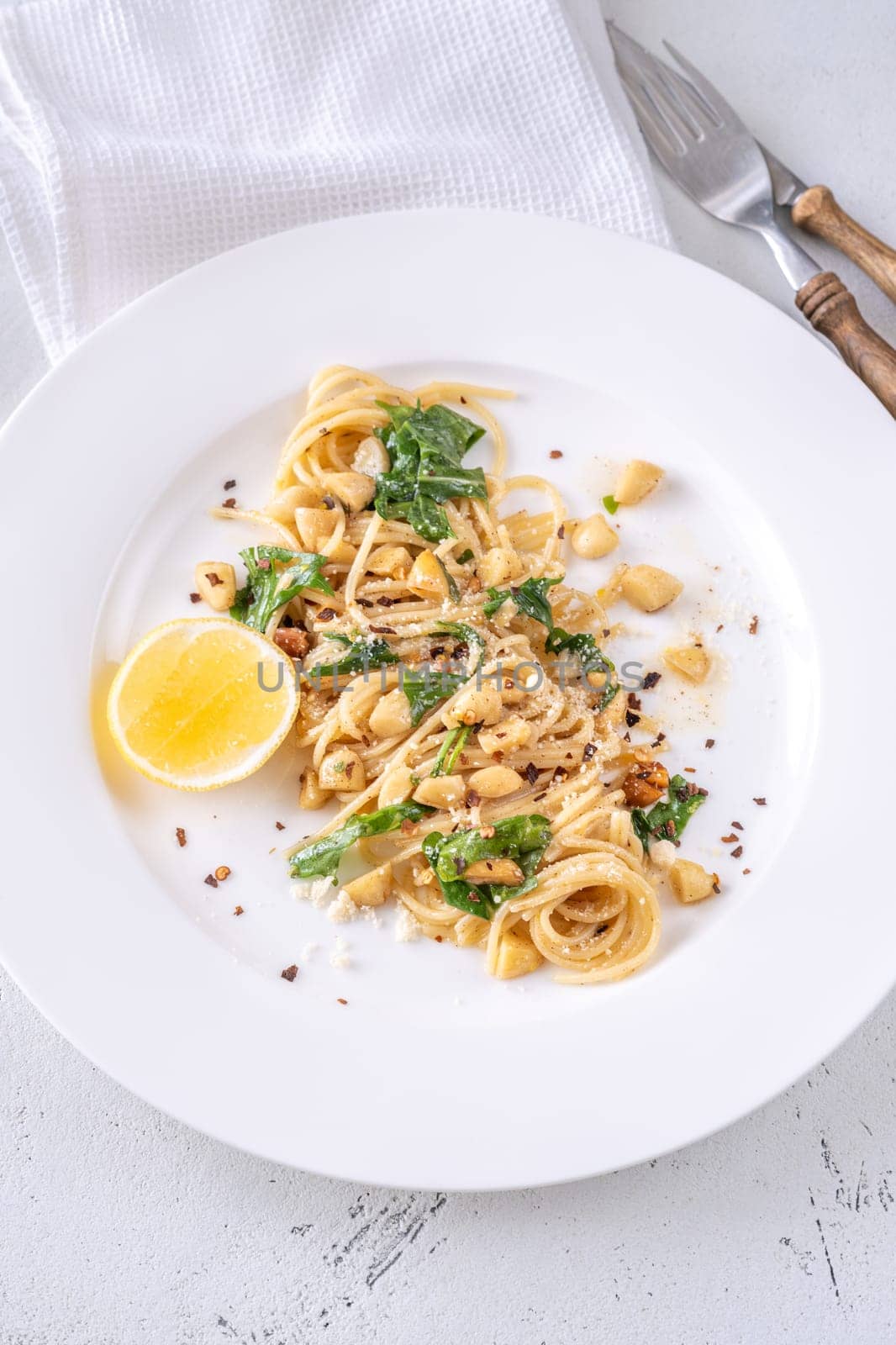 Lemon pasta with almonds, arugula and brown butter