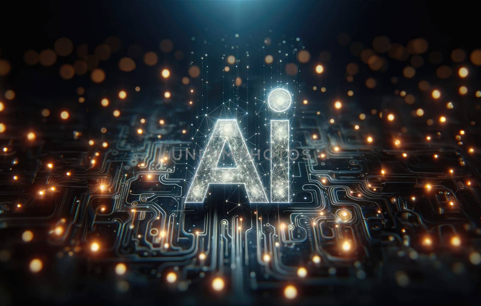 Conceptual representation of artificial intelligence with glowing AI letters integrated into a complex circuit board design, highlighting connections and advanced technology