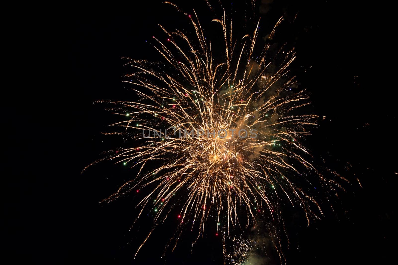 Big colorful fireworks in the black night sky