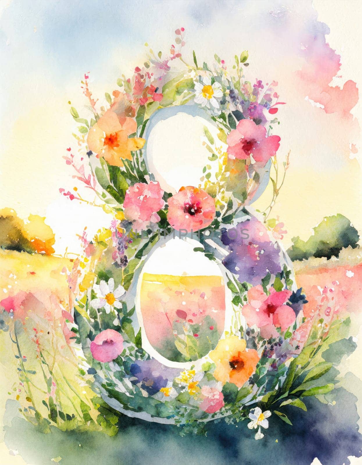 Watercolor painting for the International Women's Day celebrated on march 8th with number 8 wreath made of colorful flowers on a blooming meadow in sunrise soft light. Conceptual background