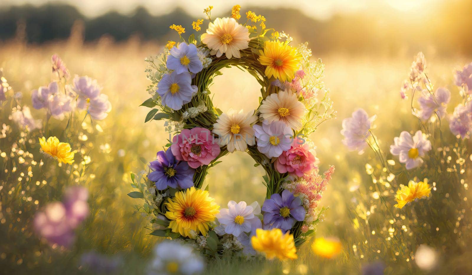 Number 8 wreath made of colorful flowers on a blooming meadow in sunrise soft light. Conceptual background for the International Women's Day celebrated on march 8th