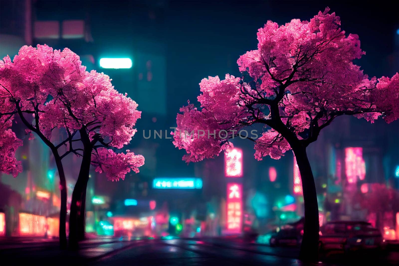 Futuristic city with neon lights and abstract sakura trees. Modern fantasy japanese cityscape background.