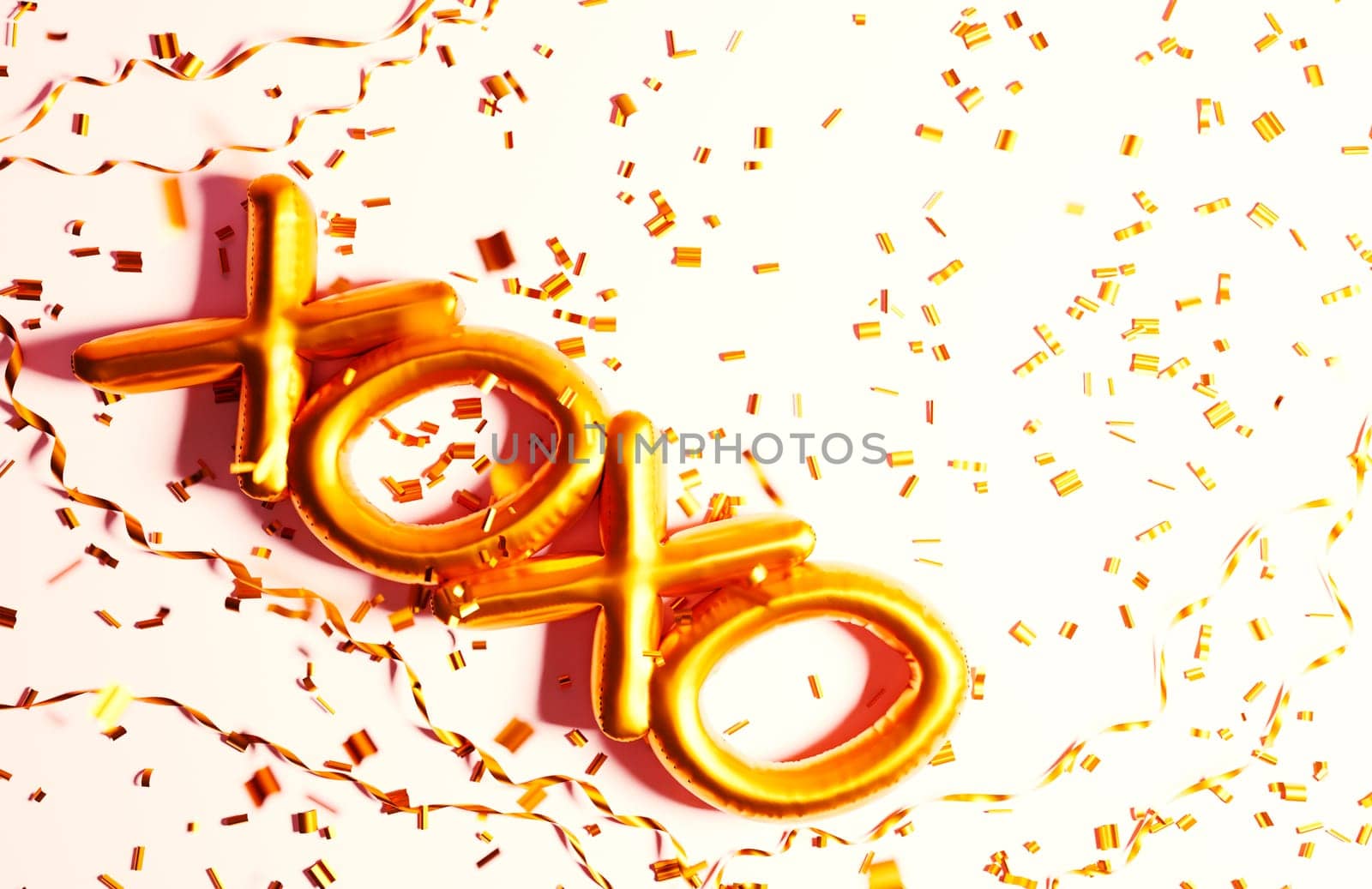 Golden xoxo foil balloon on pink background with gold glitter confetti. Top view. Valentine's day background. Celebration party romance dating special occasion greeting card.