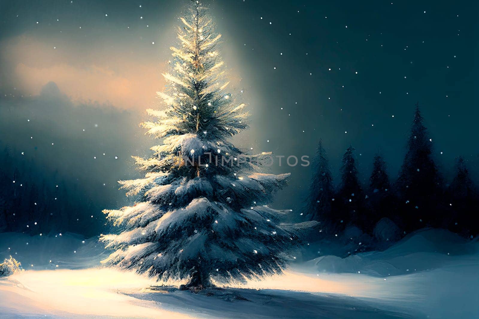 Christmas night with  pine tree covered with snow. Winter forest landscape scenery. New year eve background wallpaper.