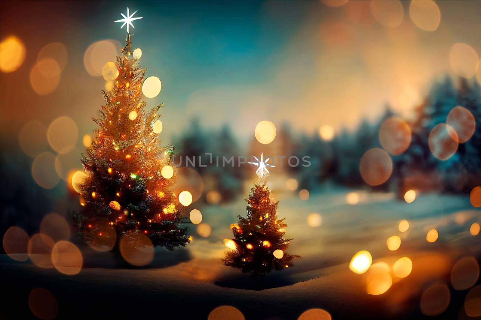 Christmas tree, snowflakes and magic bokeh lights glowing in winter forest at night. New year eve holiday in winter wonderland. Xmas greeting card background and wallpaper.