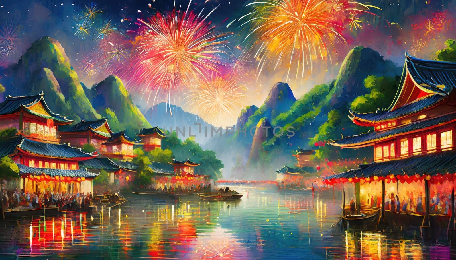 Chinese village scene with mountain hills in the background celebrating new year with fireworks and sparkles