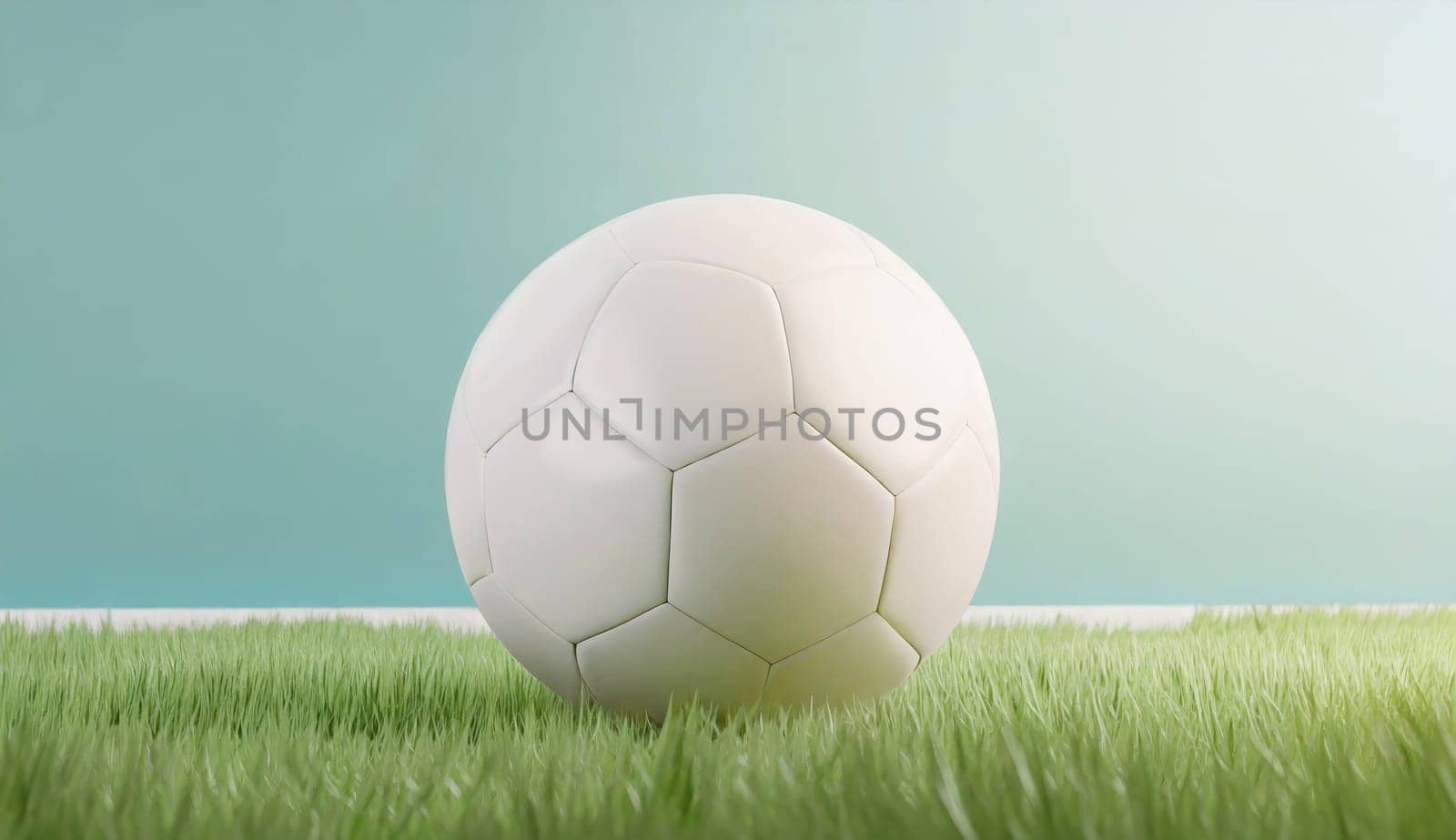 White football ball on the green grass in pastel colors with copy space background
