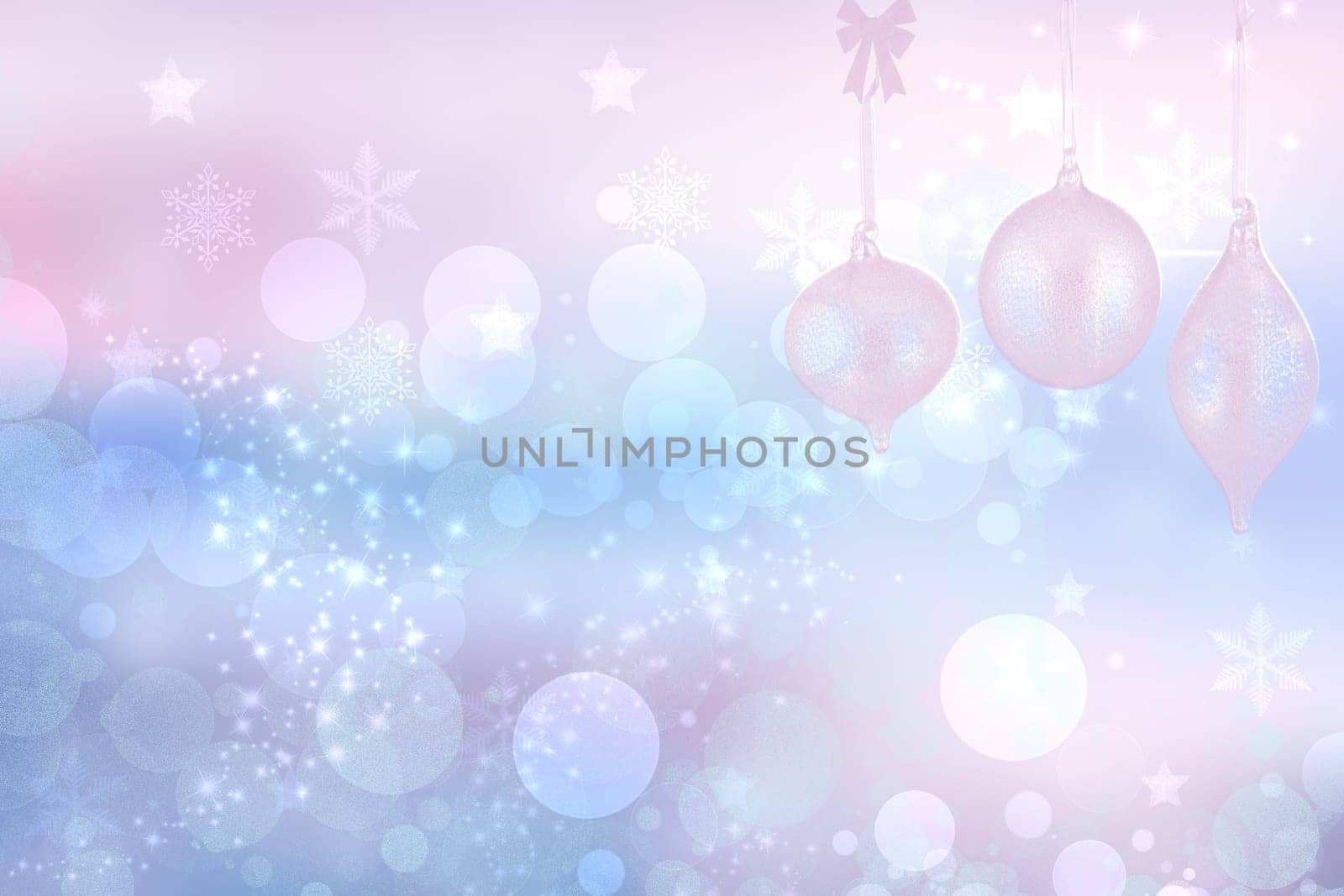 Abstract blurred festive delicate winter christmas or Happy New Year background with shiny blue pink and white bokeh lighted stars. Space for your design. Card concept.