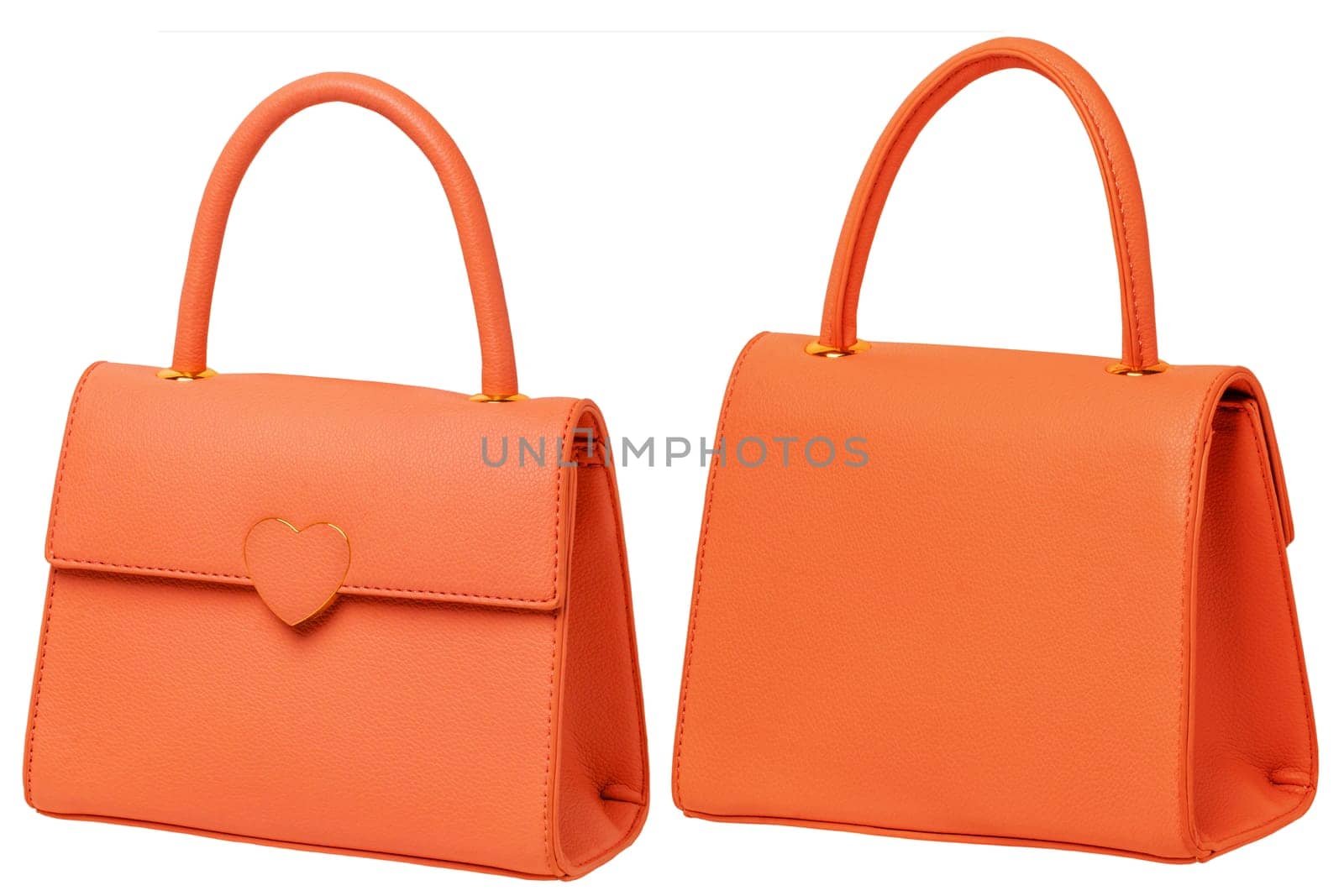 Stylish women's handbag. A fashionable female pink luxury handbag isolated on white. Front and back view. Fashionable womans accessories. Advertising.