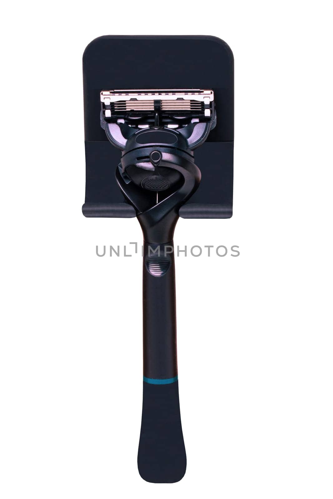 Mens shaver isolated. Modern safety razor or intimate razor for mans with many blades in a shower attachment.  Clipping path. Beard and hair care. Gift for a man. Macro.