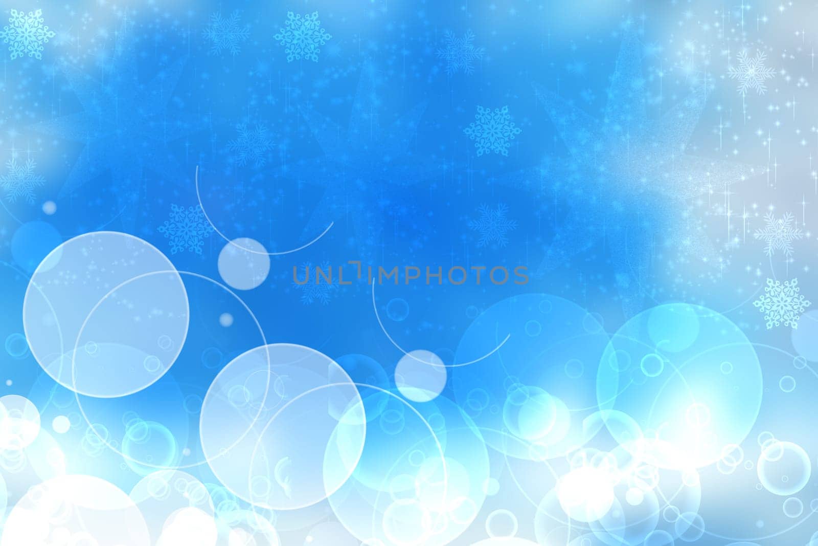 Abstract blurred festive light blue winter christmas or Happy New Year background with shiny blue and white bokeh lighted snowflakes and stars. Space for your design. Card concept.