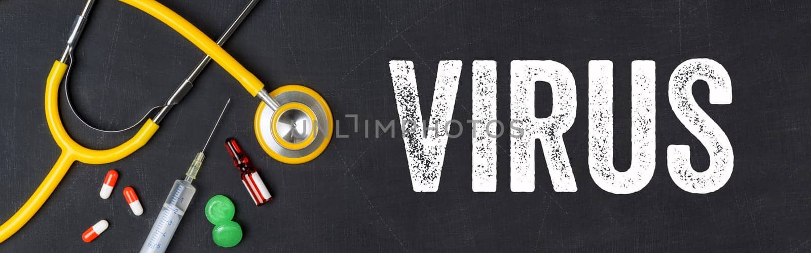Stethoscope and pharmaceuticals on a blackboard - Virus